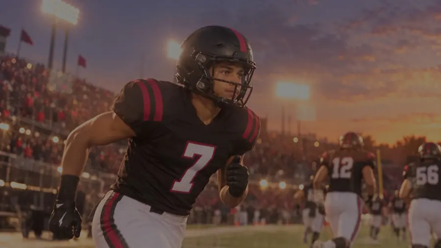 Young football player in a number 7 jersey running onto a lit field at dusk