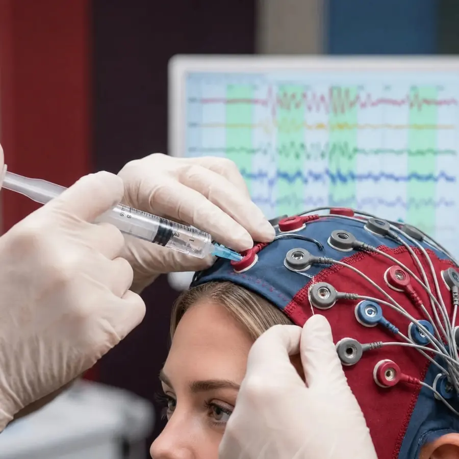 Gloved hands adding gel to an EEG cap as brainwave traces show on a screen