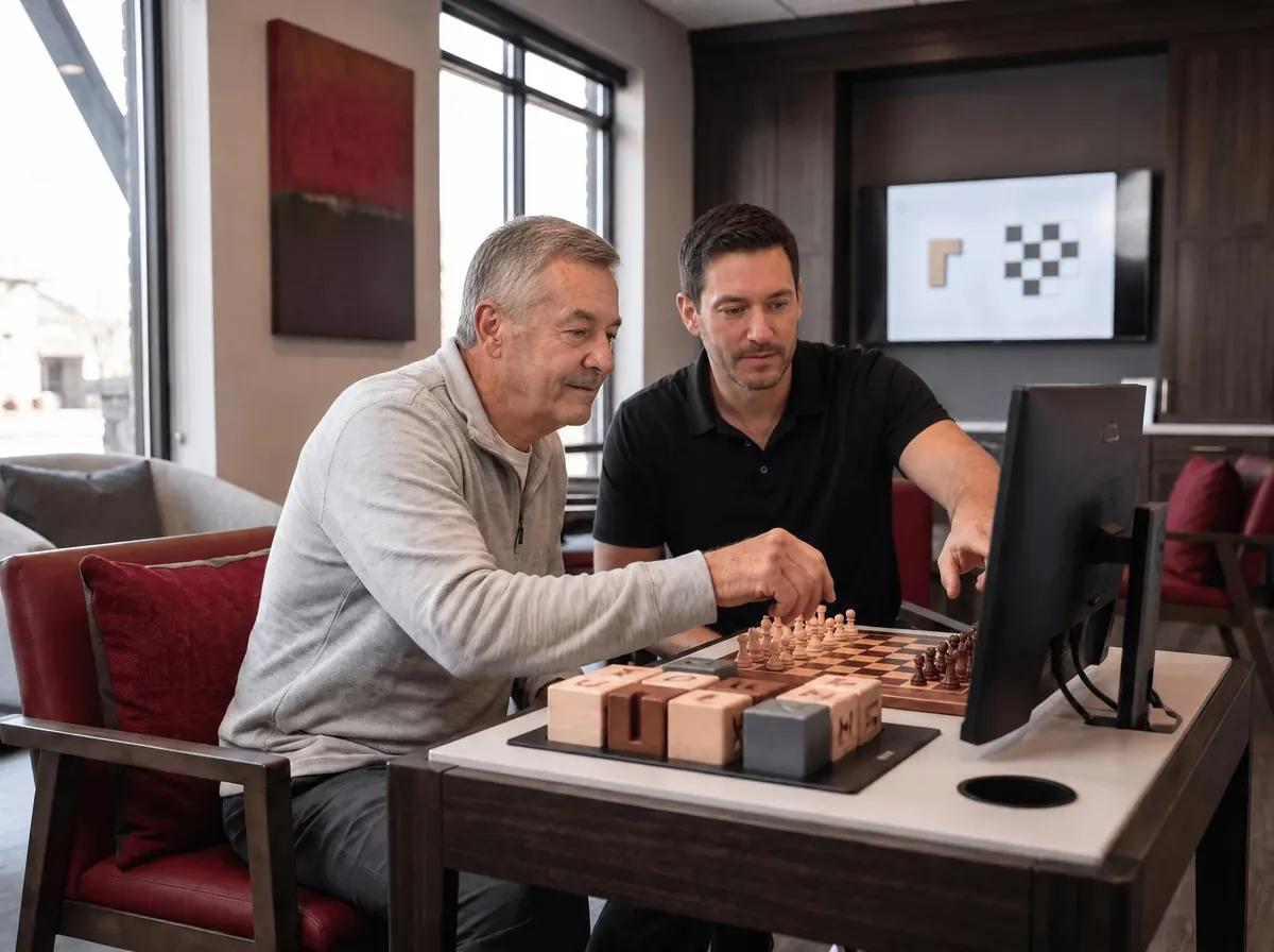 Older man working a block puzzle beside a chess board as a clinician watches