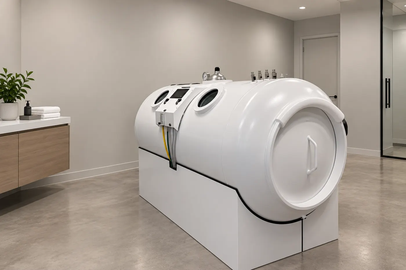 Hard-shell hyperbaric chamber A white hard-shell monoplace hyperbaric chamber in a bright clinic room