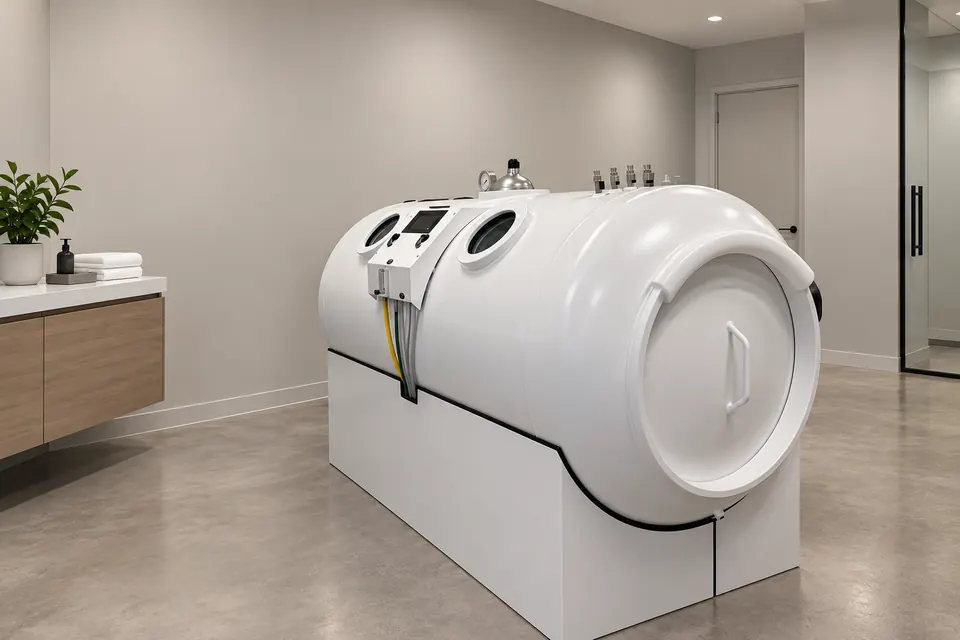 A white hard-shell hyperbaric oxygen chamber, a Fortius 420 monoplace, in a bright treatment room