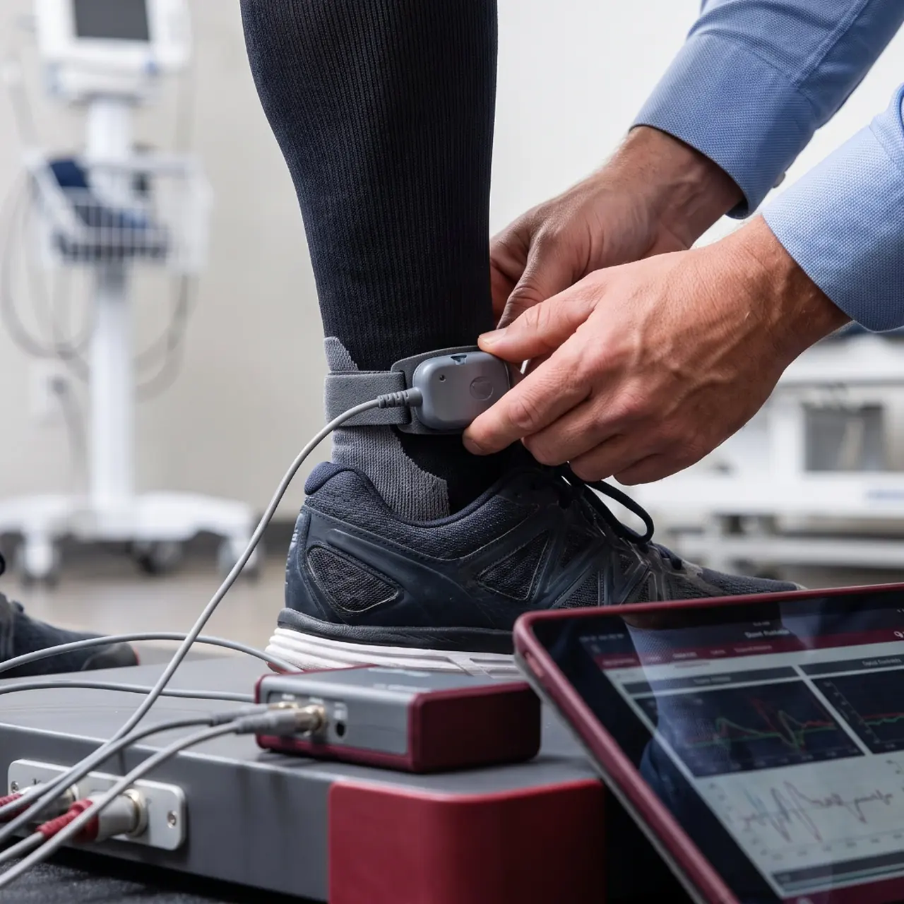 Movement testing Clinician strapping a motion sensor to an athlete's ankle beside a data tablet