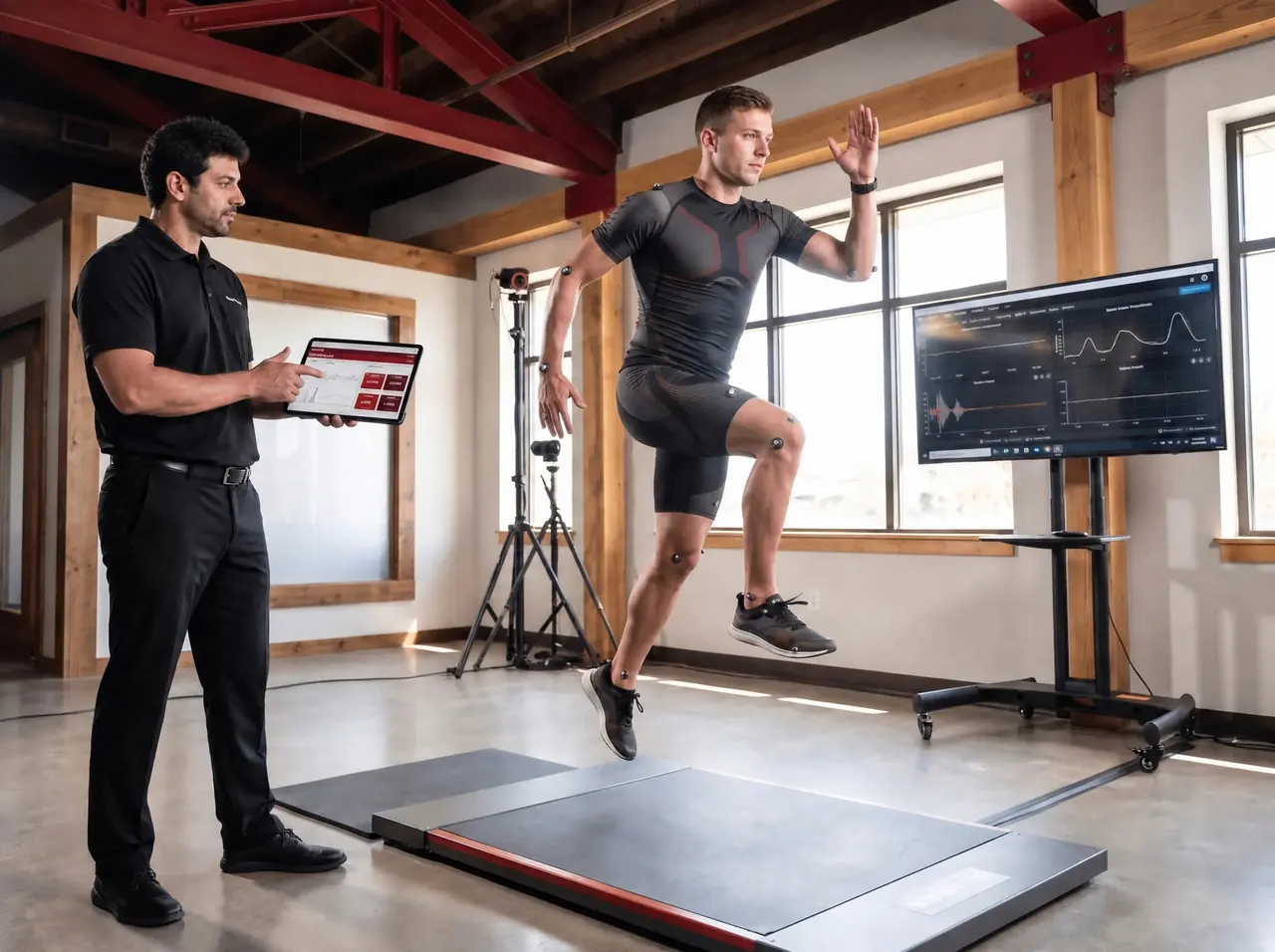 Athlete testing Clinician recording an athlete's movement data on a tablet during a jump