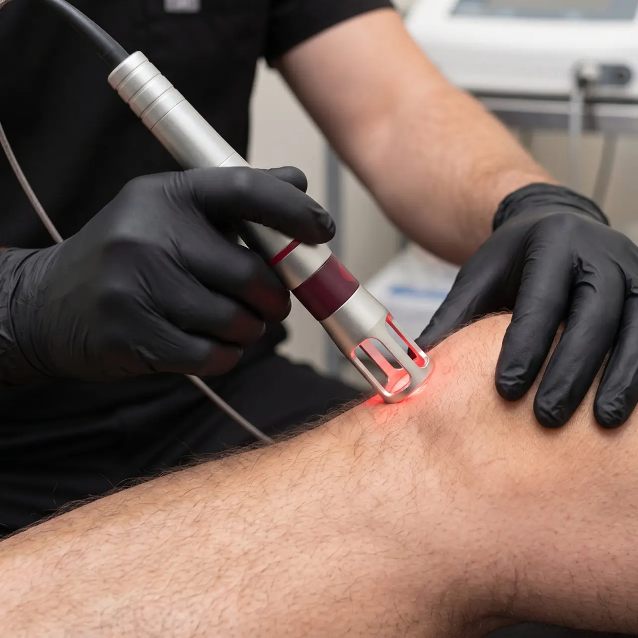 Class IV laser therapy Gloved hands guiding a laser handpiece over the side of a knee