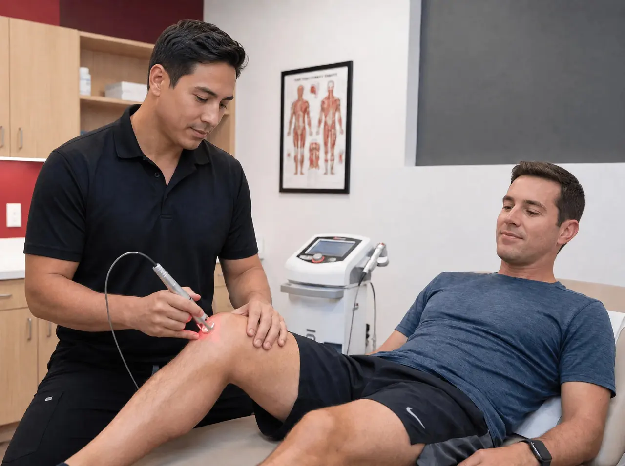 Class IV laser therapy Clinician holding a laser handpiece to a seated patient's knee
