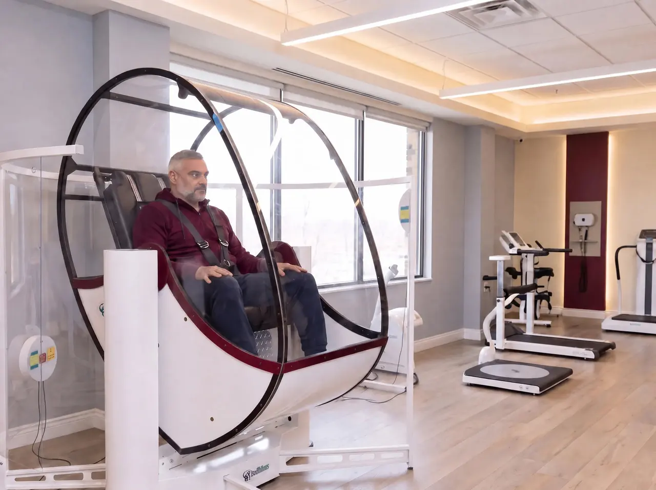GyroStim room Man seated in the GyroStim chair in a bright rehab room with treadmills