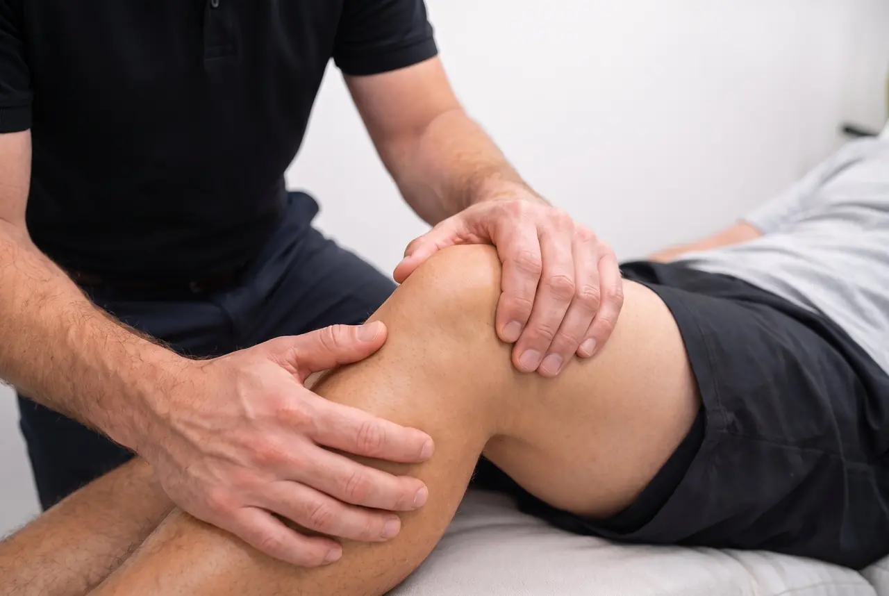 Knee adjustment Chiropractor adjusting a patient's bent knee on a treatment table