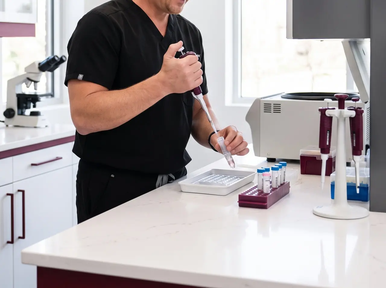 Preparing lab samples Staff member in black scrubs pipetting samples at a lab bench