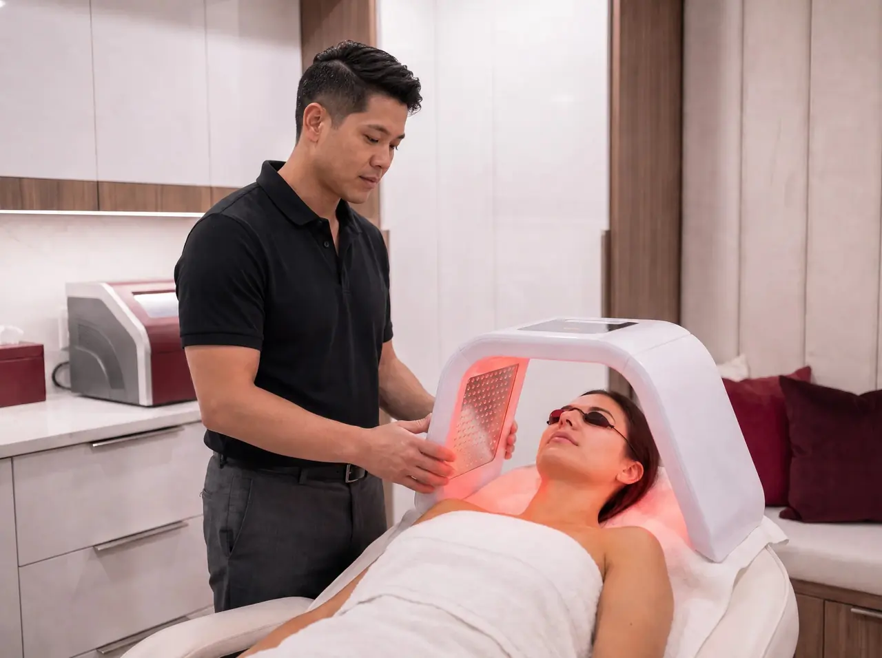 Near-infrared light session Clinician positioning a near-infrared light panel over a reclining patient