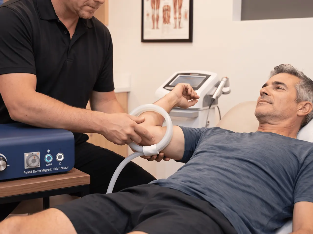 PEMF applicator in use Clinician holding a PEMF ring applicator around a reclining patient's forearm