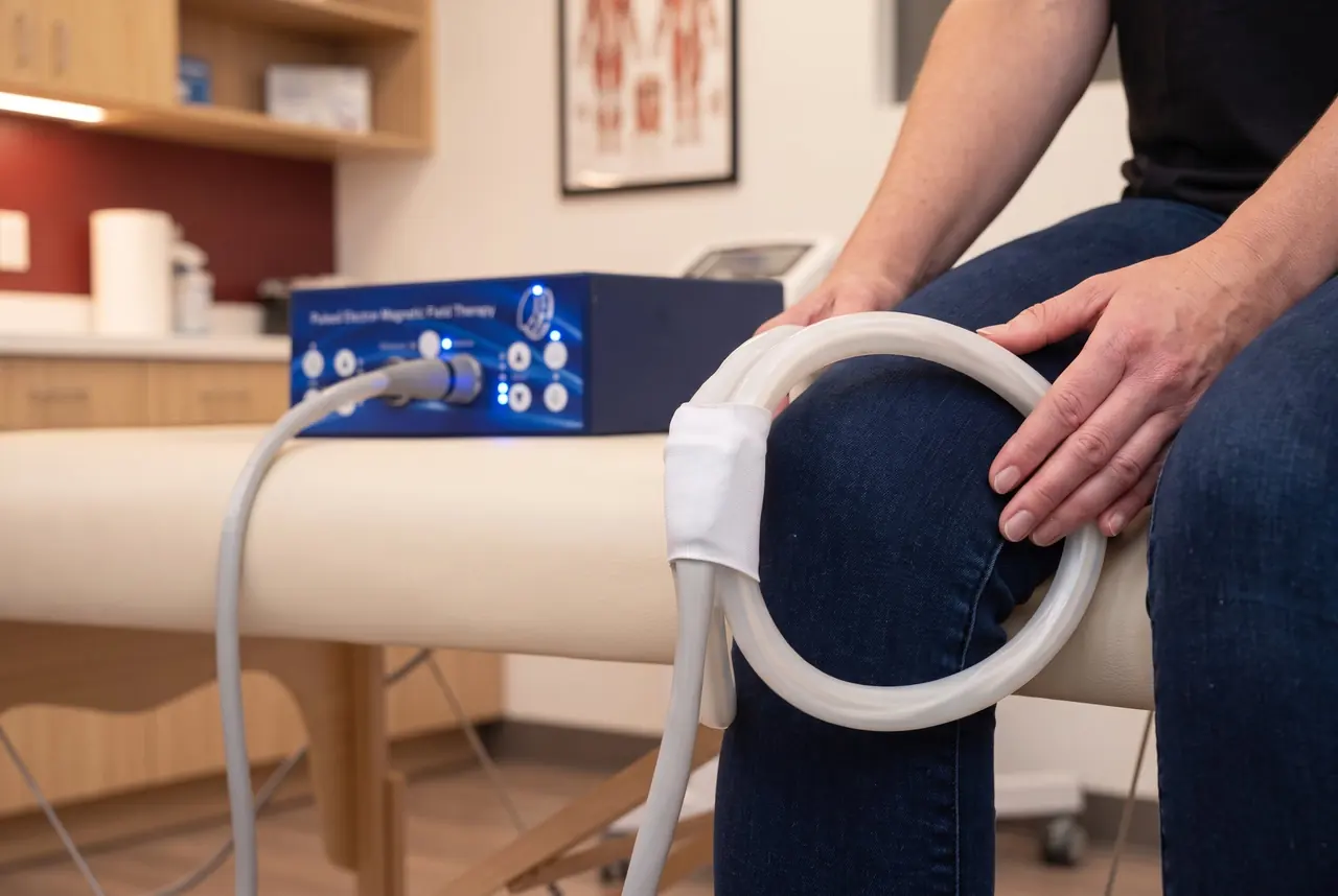 PEMF session on the knee Ring-shaped PEMF applicator placed around a seated patient's knee