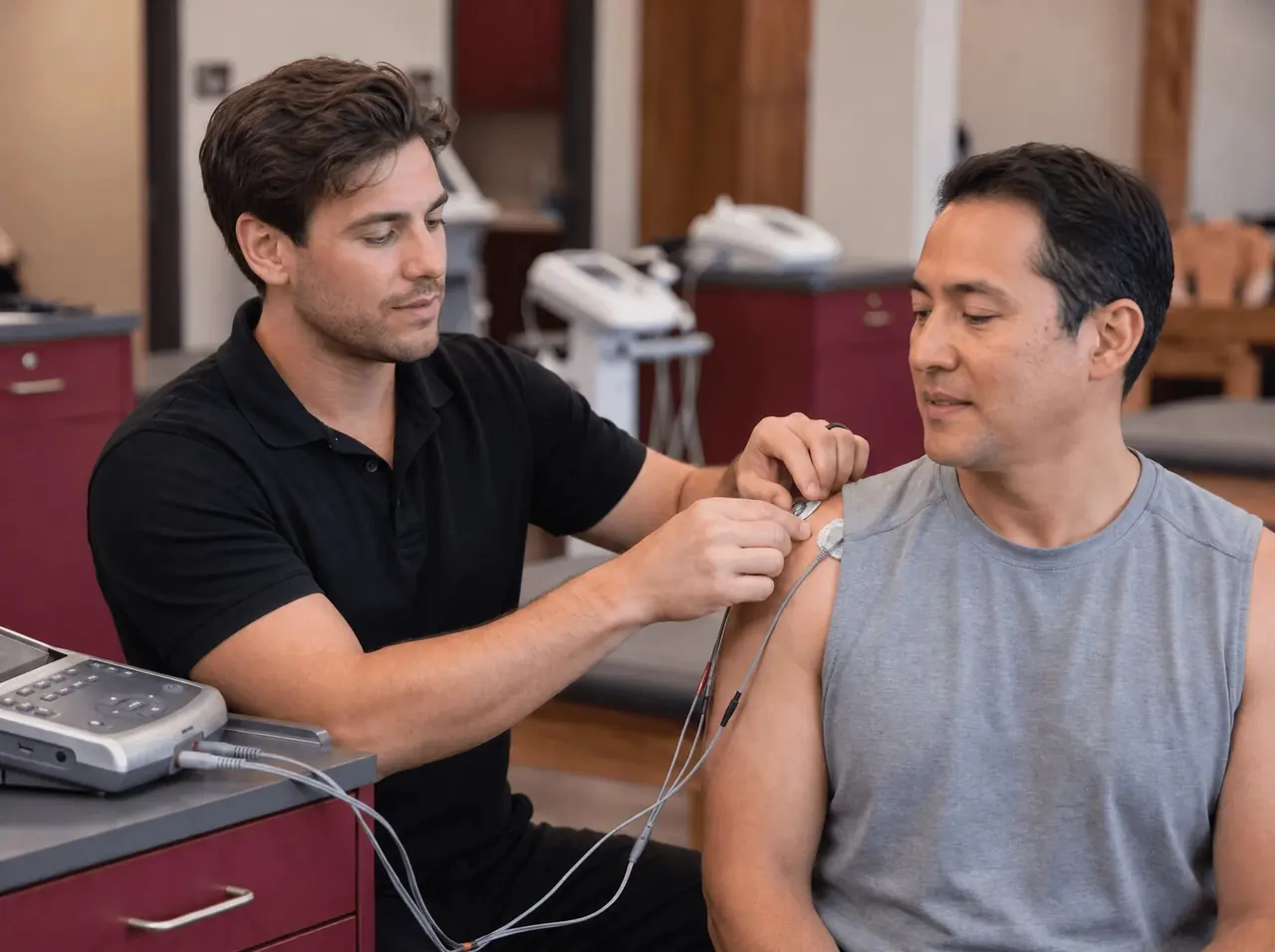 Peripheral nerve stimulation setup Clinician attaching an electrode lead to a seated patient's upper arm