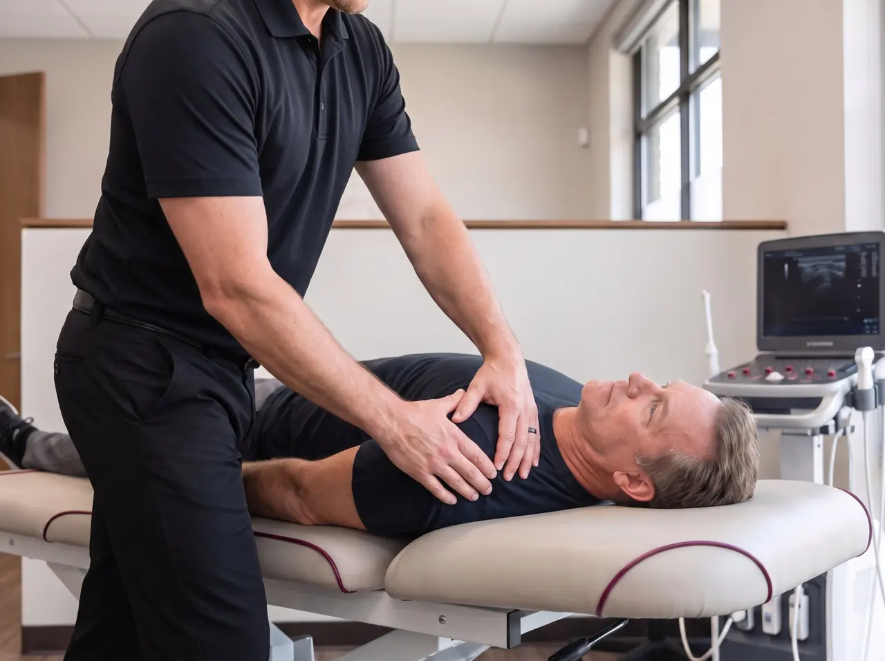 Shoulder adjustment Chiropractor adjusting the shoulder of a patient lying on his back