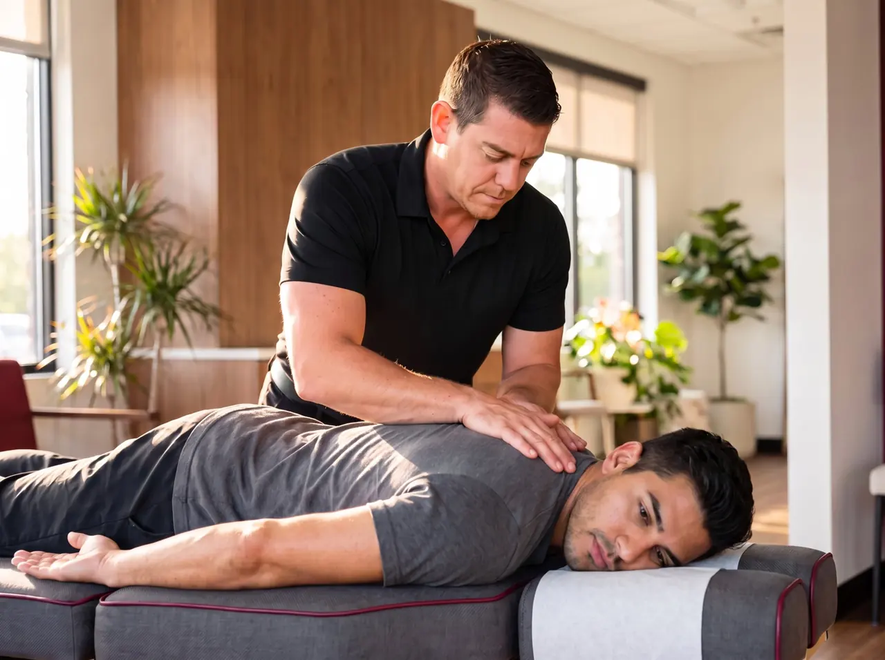 Spinal adjustment Chiropractor pressing on the upper back of a patient lying face down