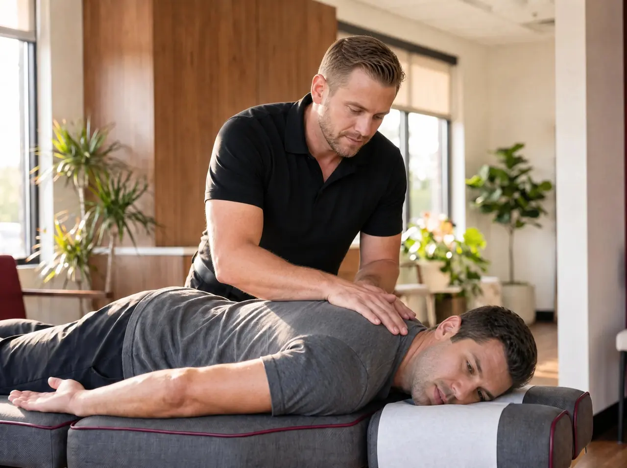 Spinal care after injury Chiropractor pressing on the upper back of a patient lying face down