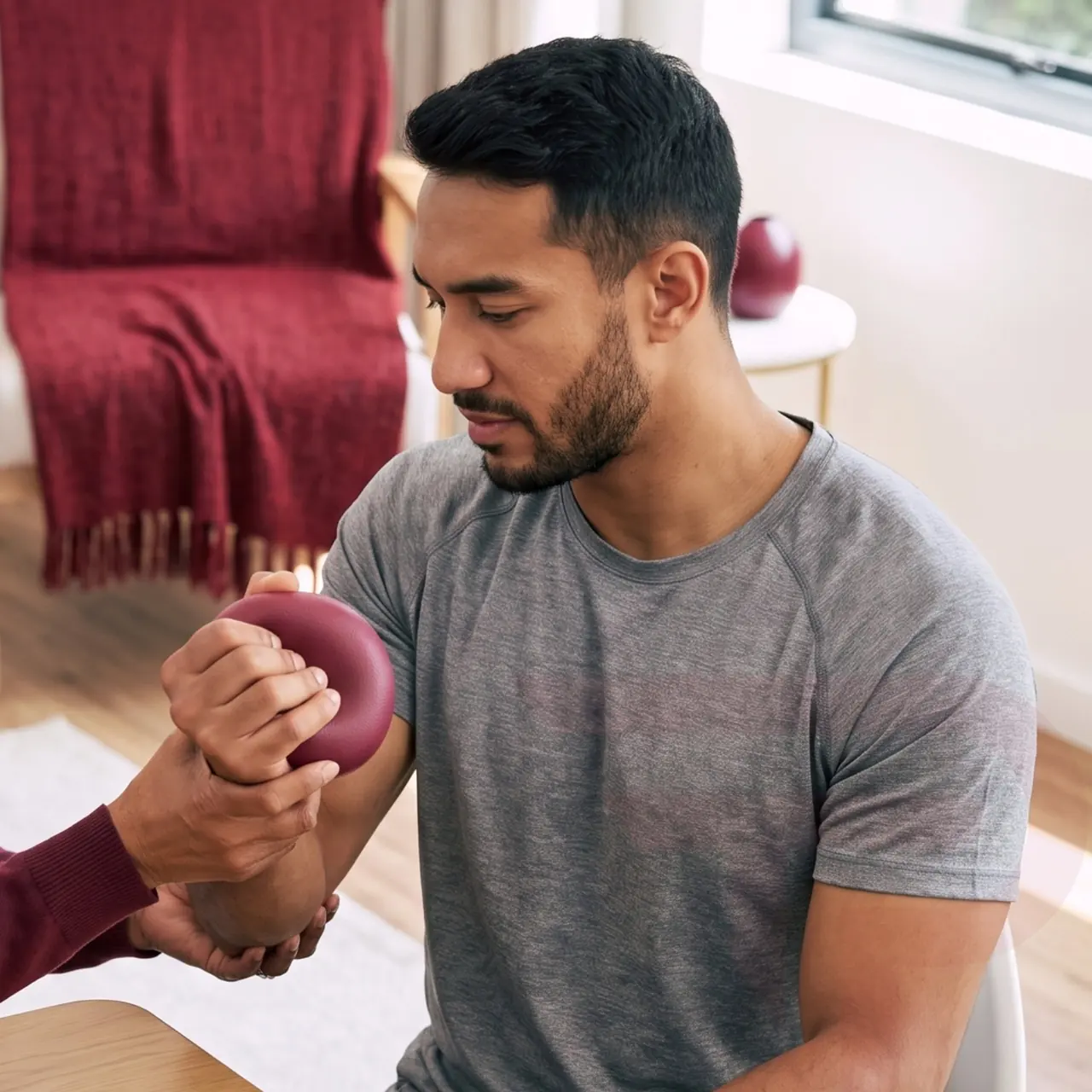 Hand strength practice Man squeezing a maroon hand exerciser while a clinician supports his wrist