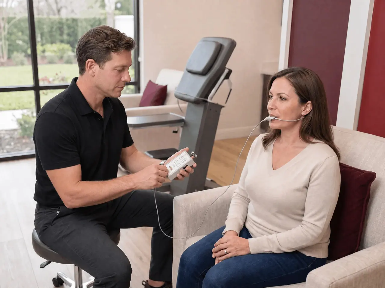 TLNS session Clinician adjusting a handheld controller as a seated patient holds a tongue applicator