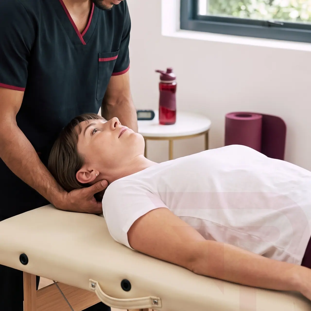 Vertigo care Clinician cradling a woman's head as she lies on a padded table