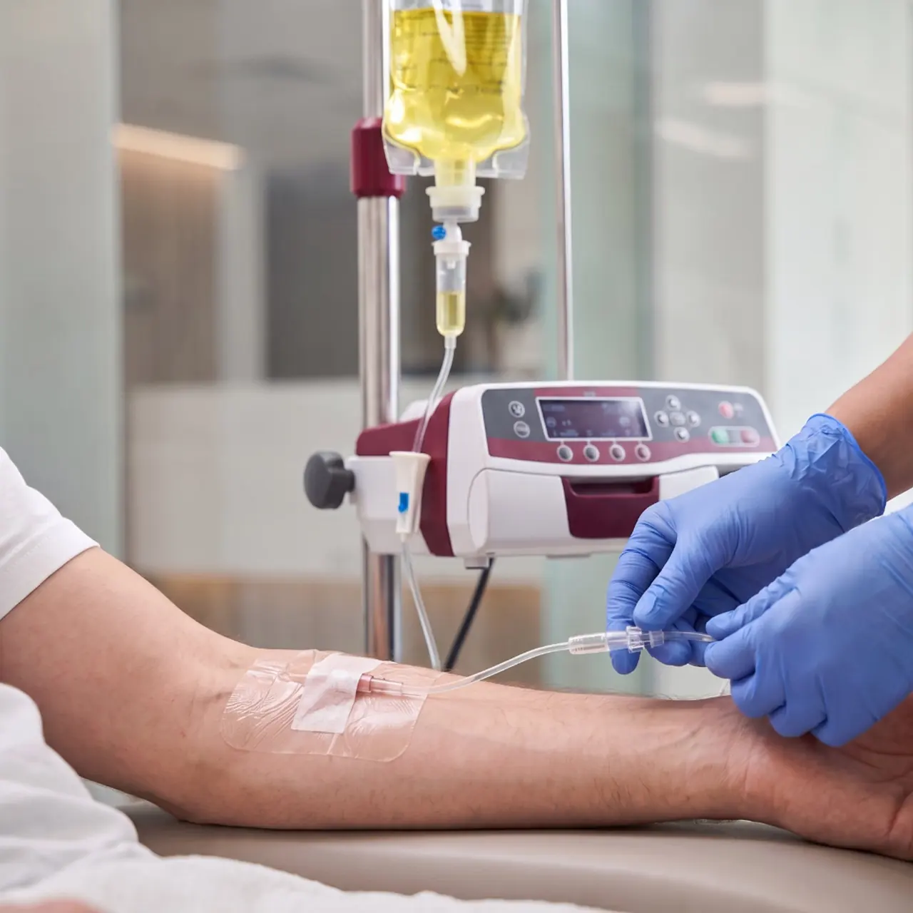 Infusion setup Gloved hands adjusting an IV line beside an infusion pump