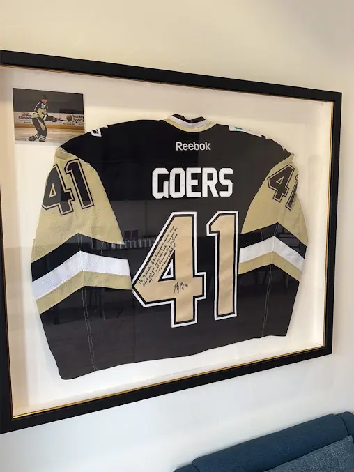 Framed signed Barry Goers number 41 hockey jersey