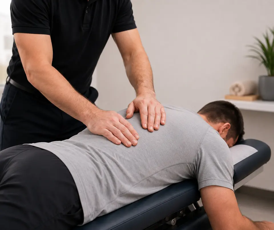 Spinal adjustment Clinician's hands pressing on the mid back of a man lying face down