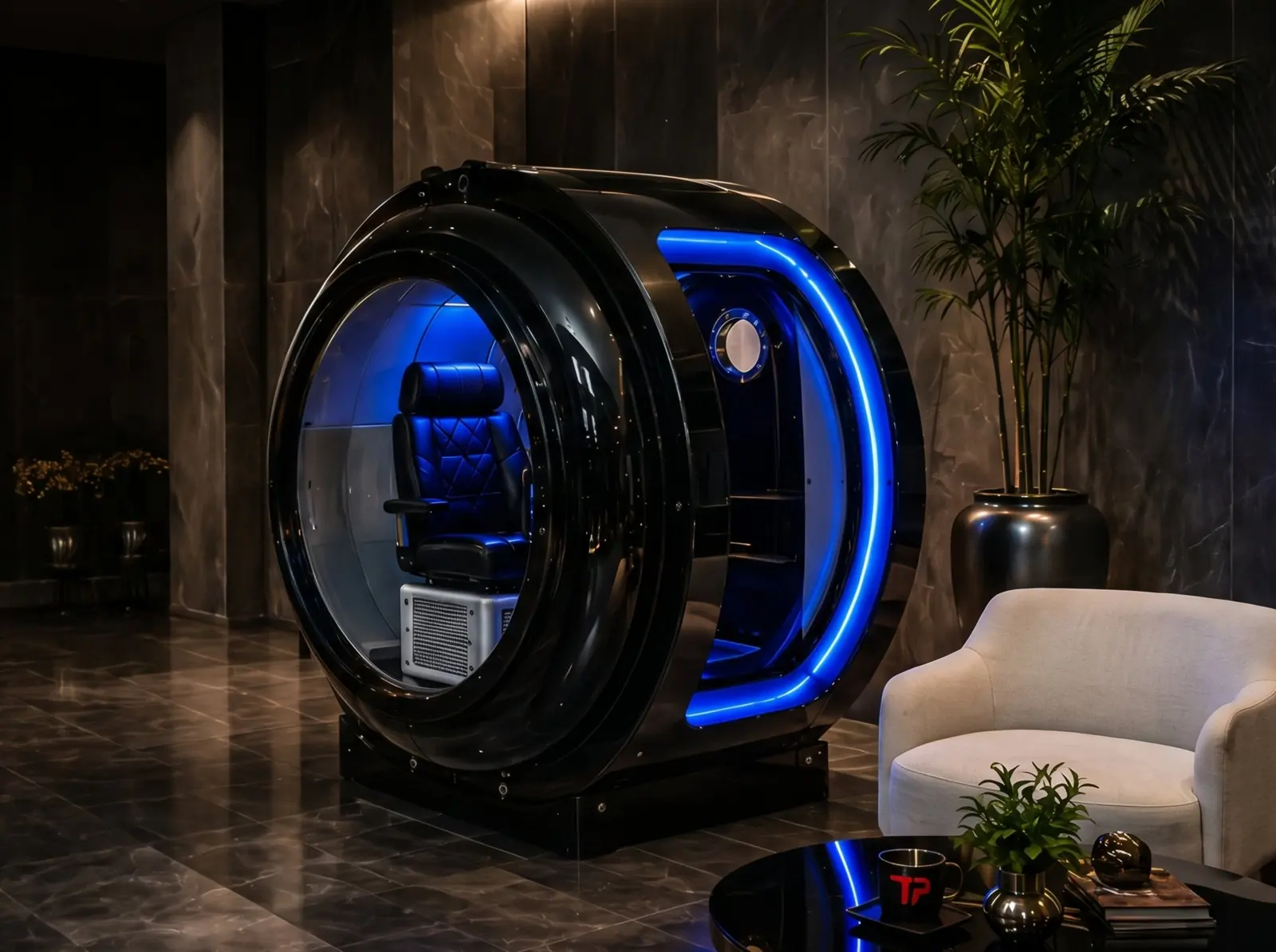 BIG TIME seated hyperbaric system Seated hard-shell hyperbaric chamber with blue interior lighting in a dark lounge