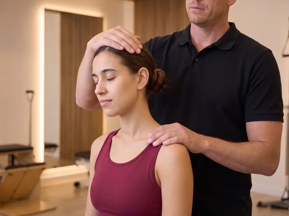 Clinician steadying a young woman's head and shoulder as she closes her eyes