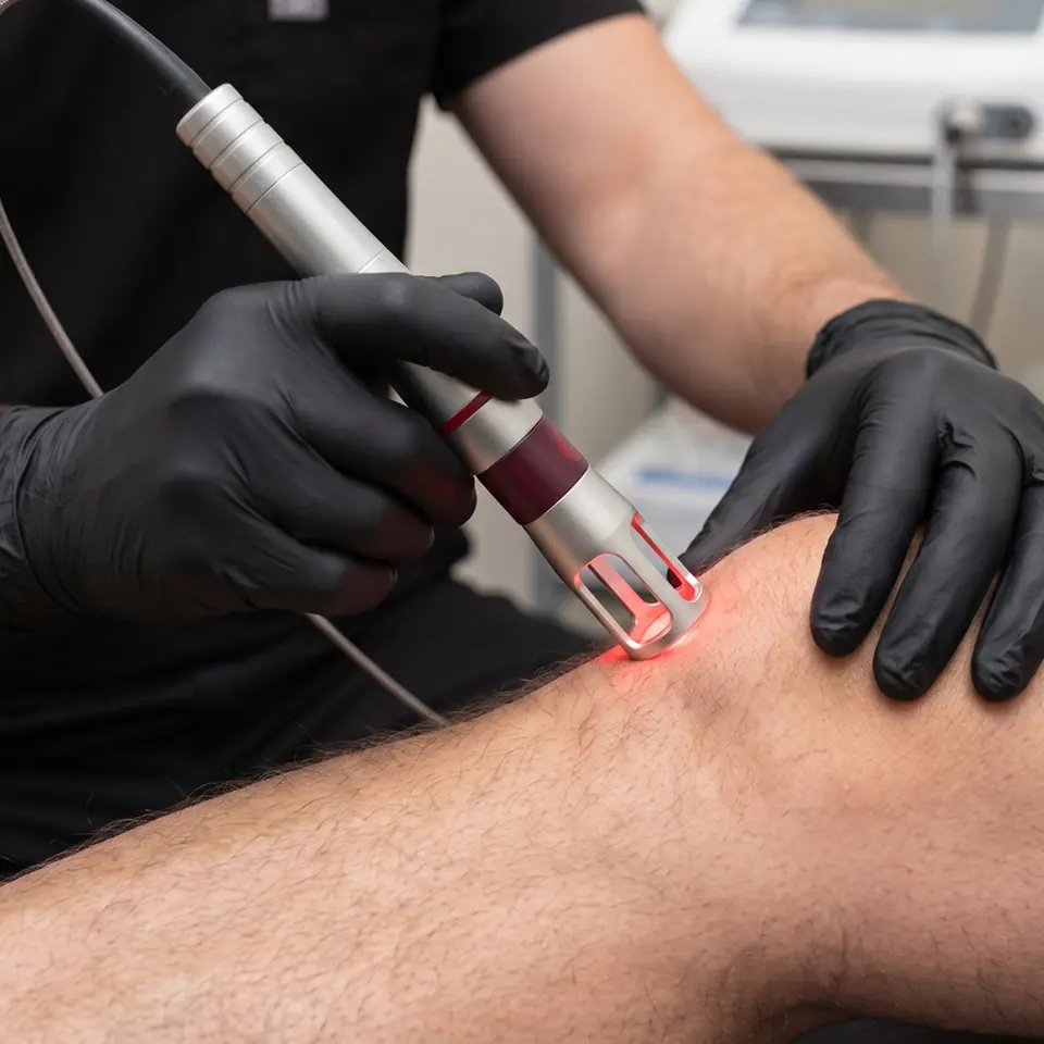 Class IV laser therapy Gloved hands guiding a laser handpiece over the side of a knee